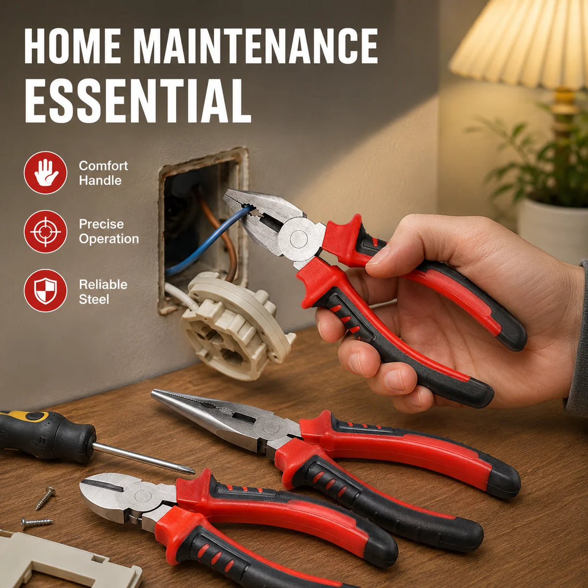 3 Types Pliers Set, Heavy Duty Combination Long Nose Diagonal Cutter Pliers, Wire Cutting Gripping Tool Kit for DIY Repair