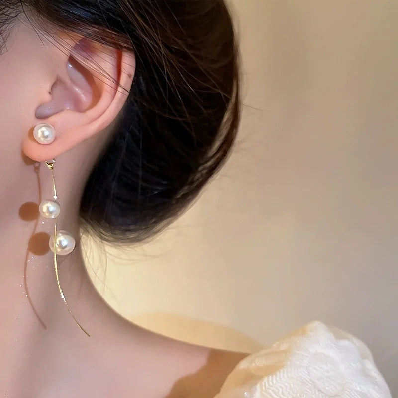 Korean Long Tassel Pearl Dangle Earrings for Women
