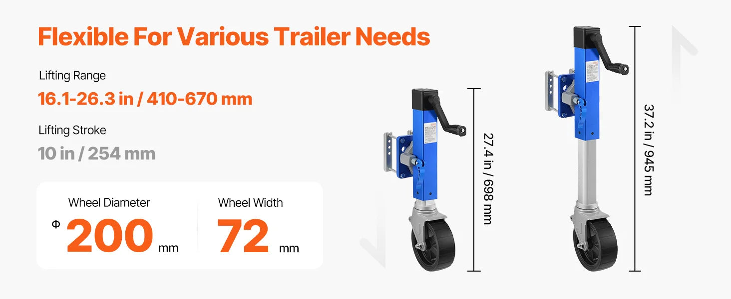 1600 lb Sidewind Trailer Jack with Wheel – Bolt-On, Adjustable Height