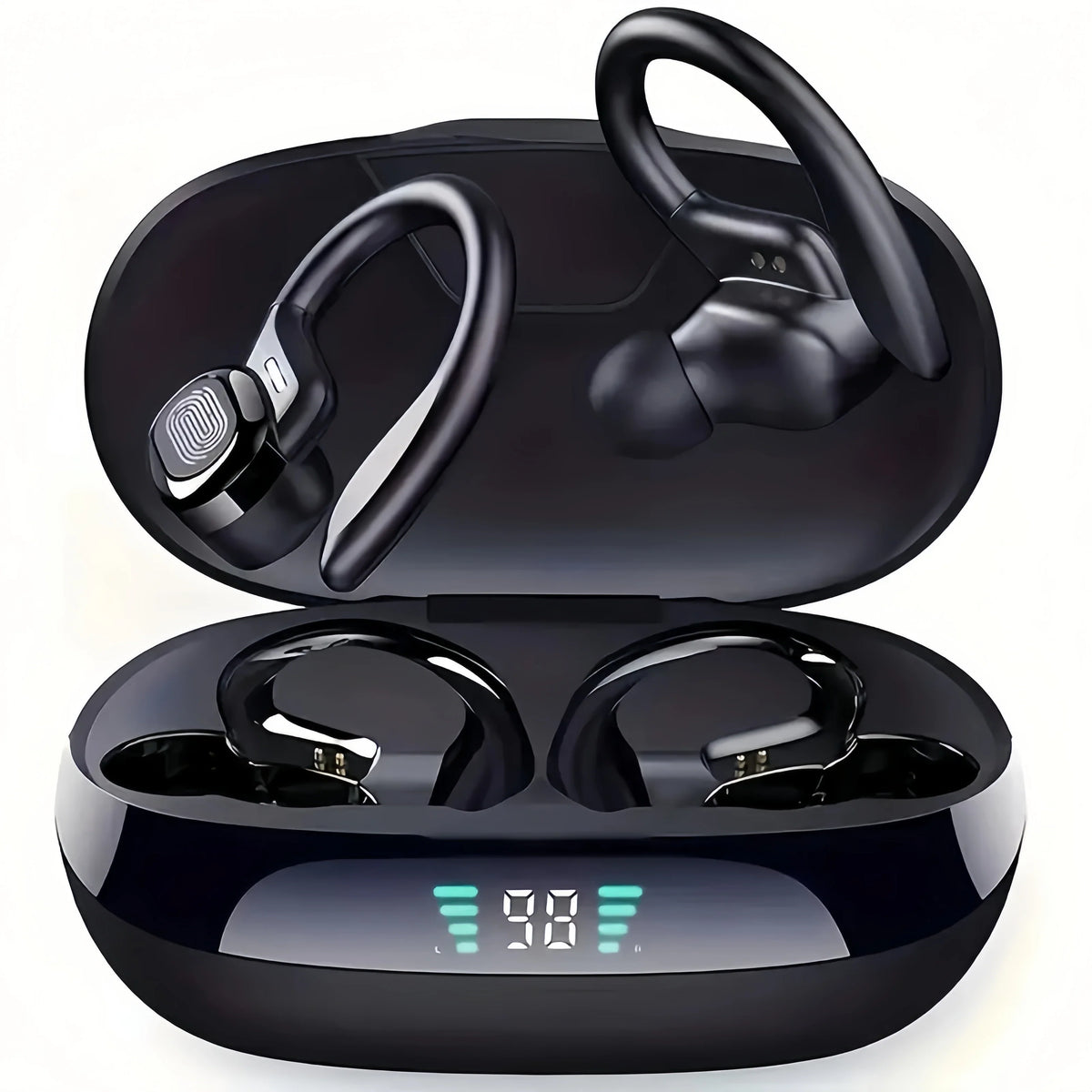 Auriculares sem fios pretos com gancho de orelha e microfone