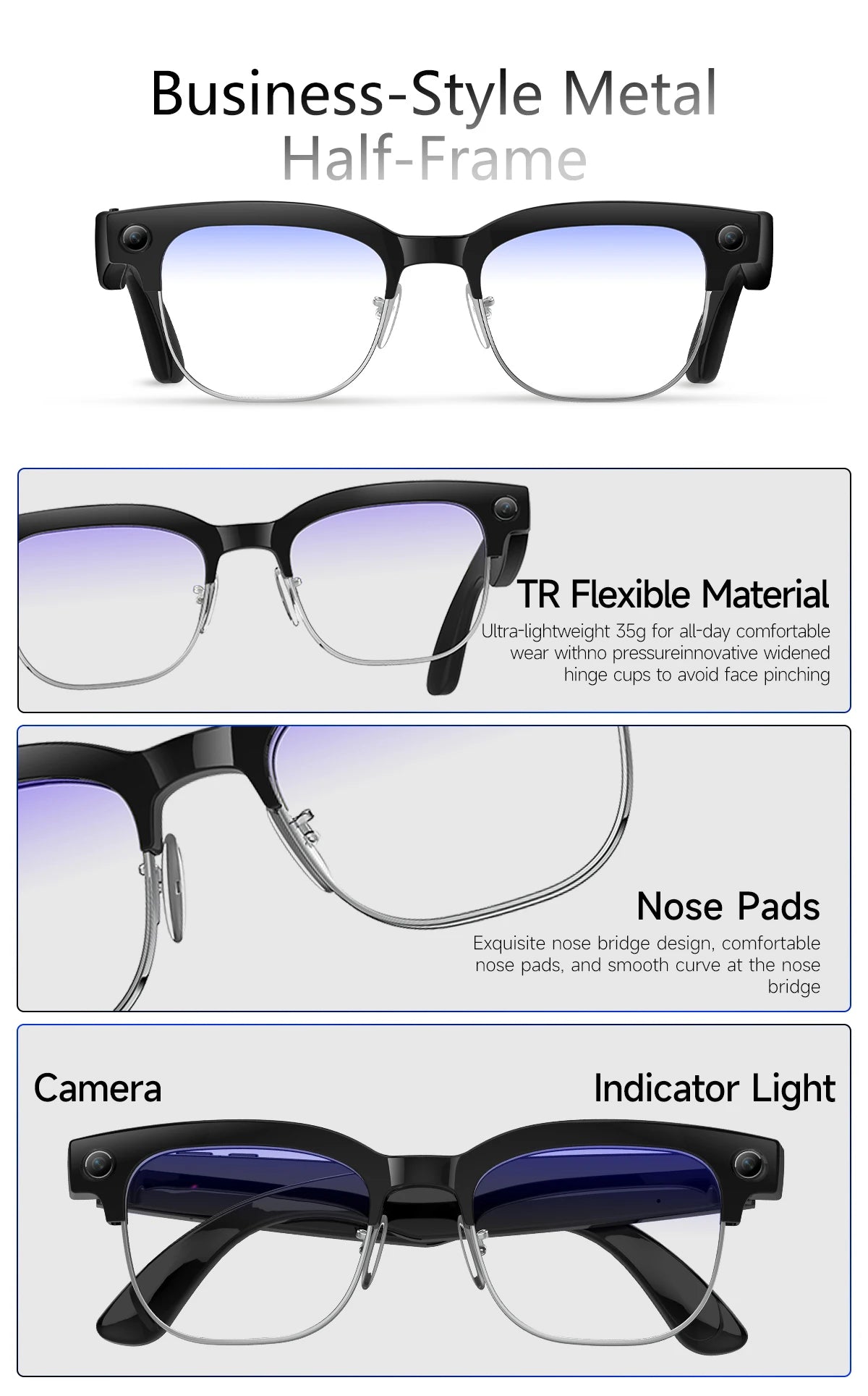 AI Smart Glasses with Camera, Calls, Translation & Audio