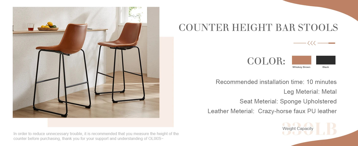 Counter Height Bar Stools Set of 2 Faux Leather with Back