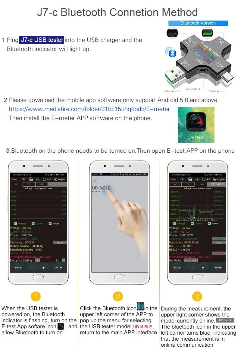 USB Tester Type-C PD Digital Capacity Meter 8A Voltage Current Monitor Power Bank Charger Detector with QC3.0 Fast Charging
