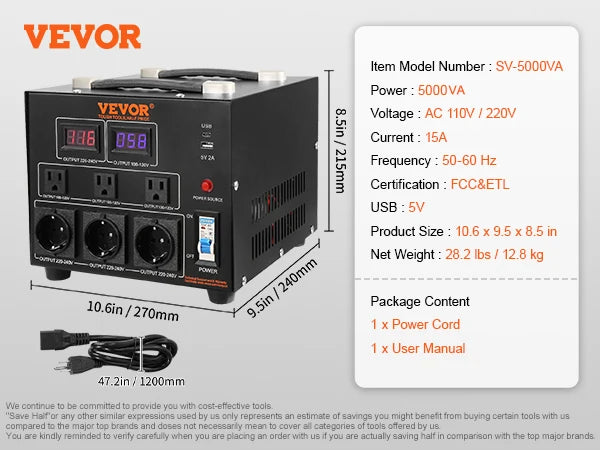 Step Up Down spanningsomvormer 2000VA–5000VA met USB- en EU/US-stopcontacten