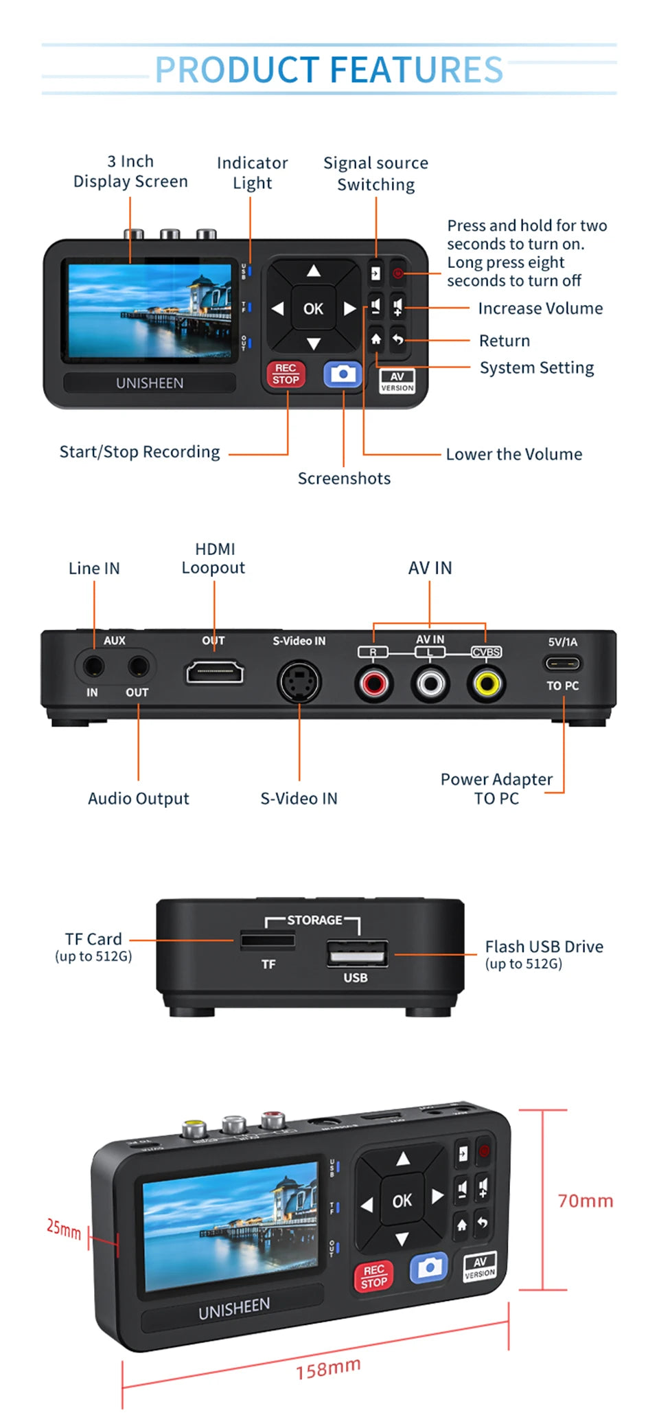 UNISHEEN UR230A Analog CVBS RCA SVideo Camera USB Tape VHS Capture Box MP3 Video Recorder VCR to Digital Converter