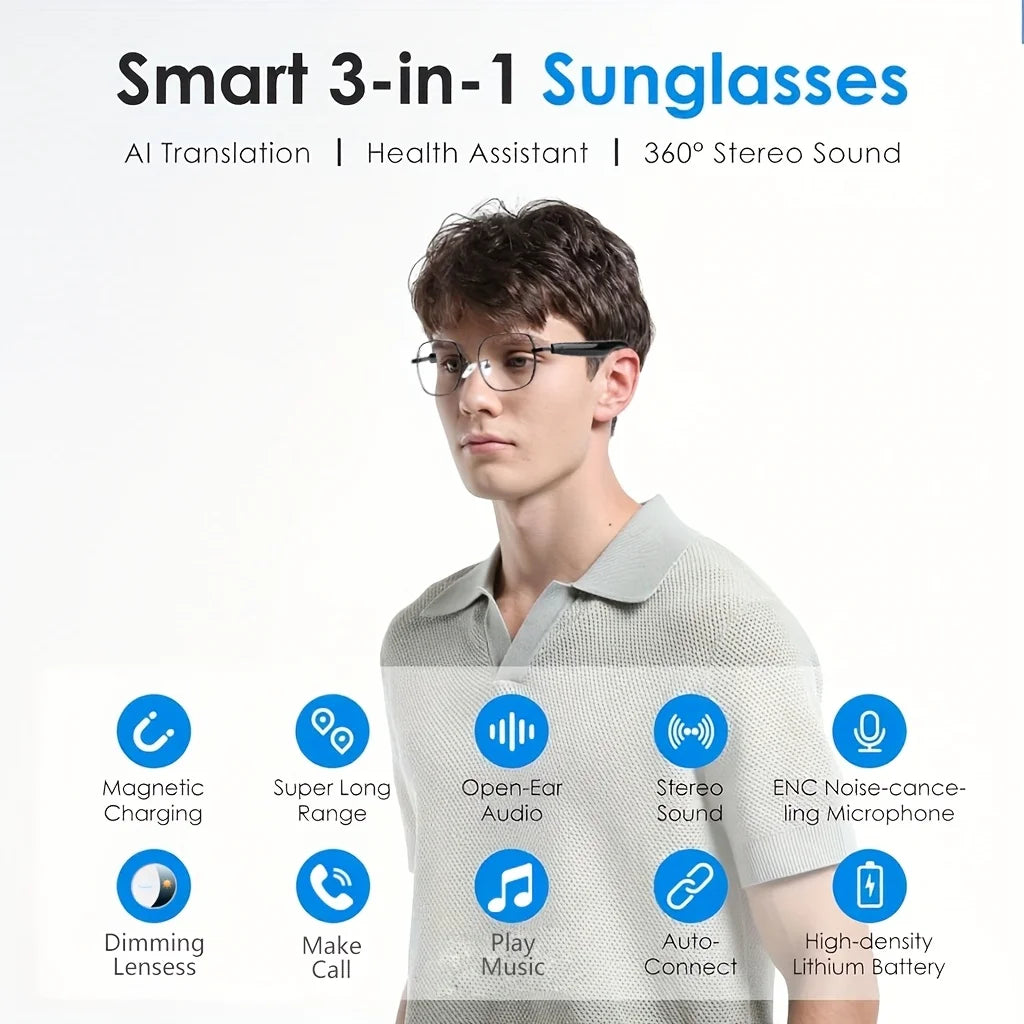 Óculos inteligentes com IA que suportam tradução em tempo real em 164 idiomas; óculos de áudio multifuncionais com microfone e altifalante integrados; lentes com escurecimento automático