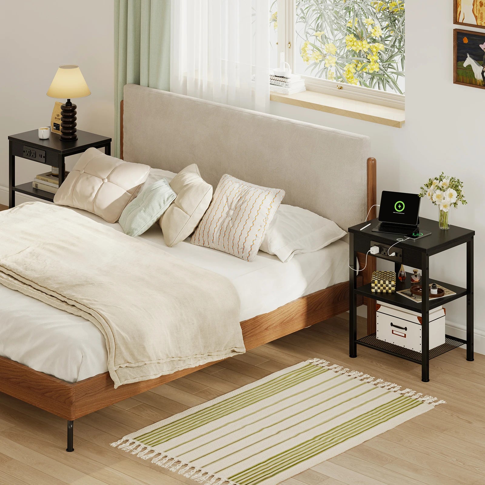 3-Tier Side Table with Charging Station and Adjustable Shelves