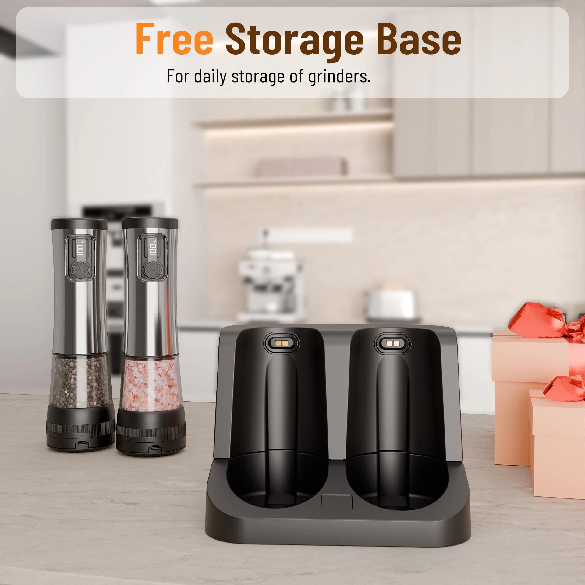 Electric Salt & Pepper Grinder Set with Rechargeable Base & LED