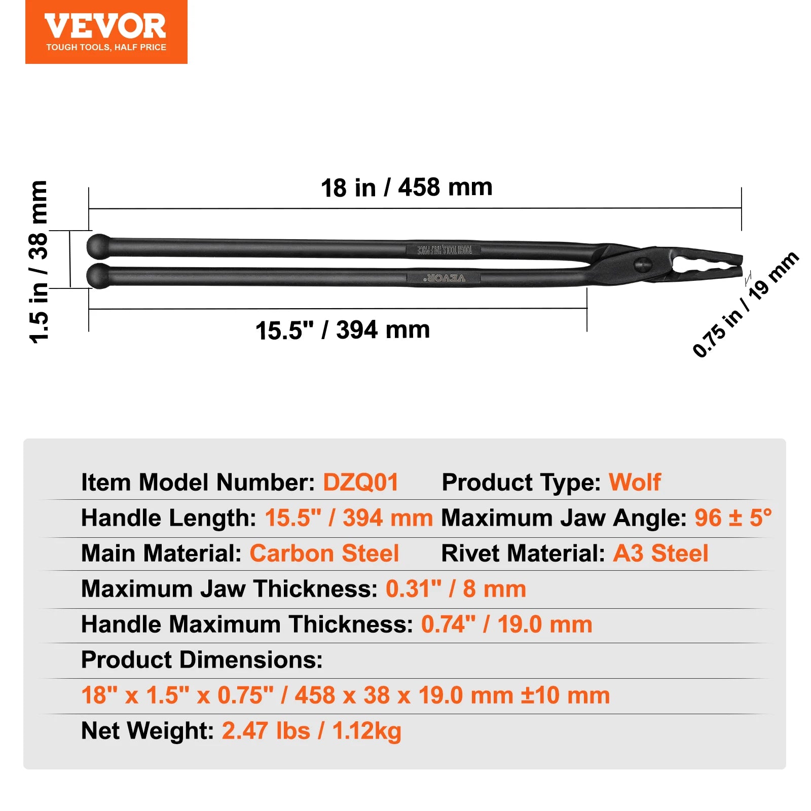 VEVOR Blacksmith Tongs Set – 18-Inch Carbon Steel Forge Tongs