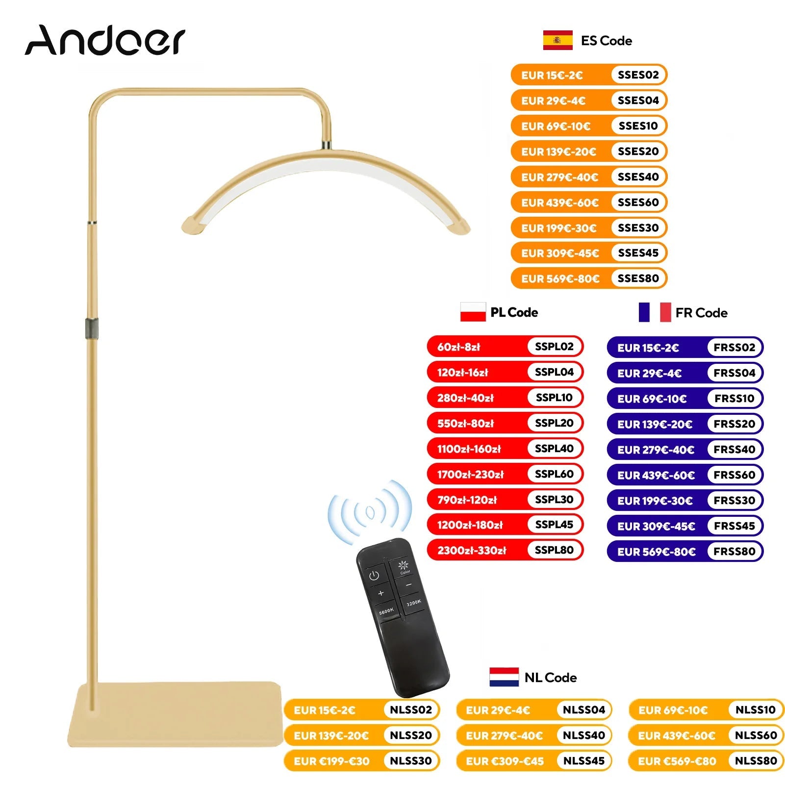 Andoer HD-M6X 36W Floor LED Video Light Half-moon Shaped Fill Light 3200K-5600K Dimmable with 180cm/ 70.9in Metal Light Stand