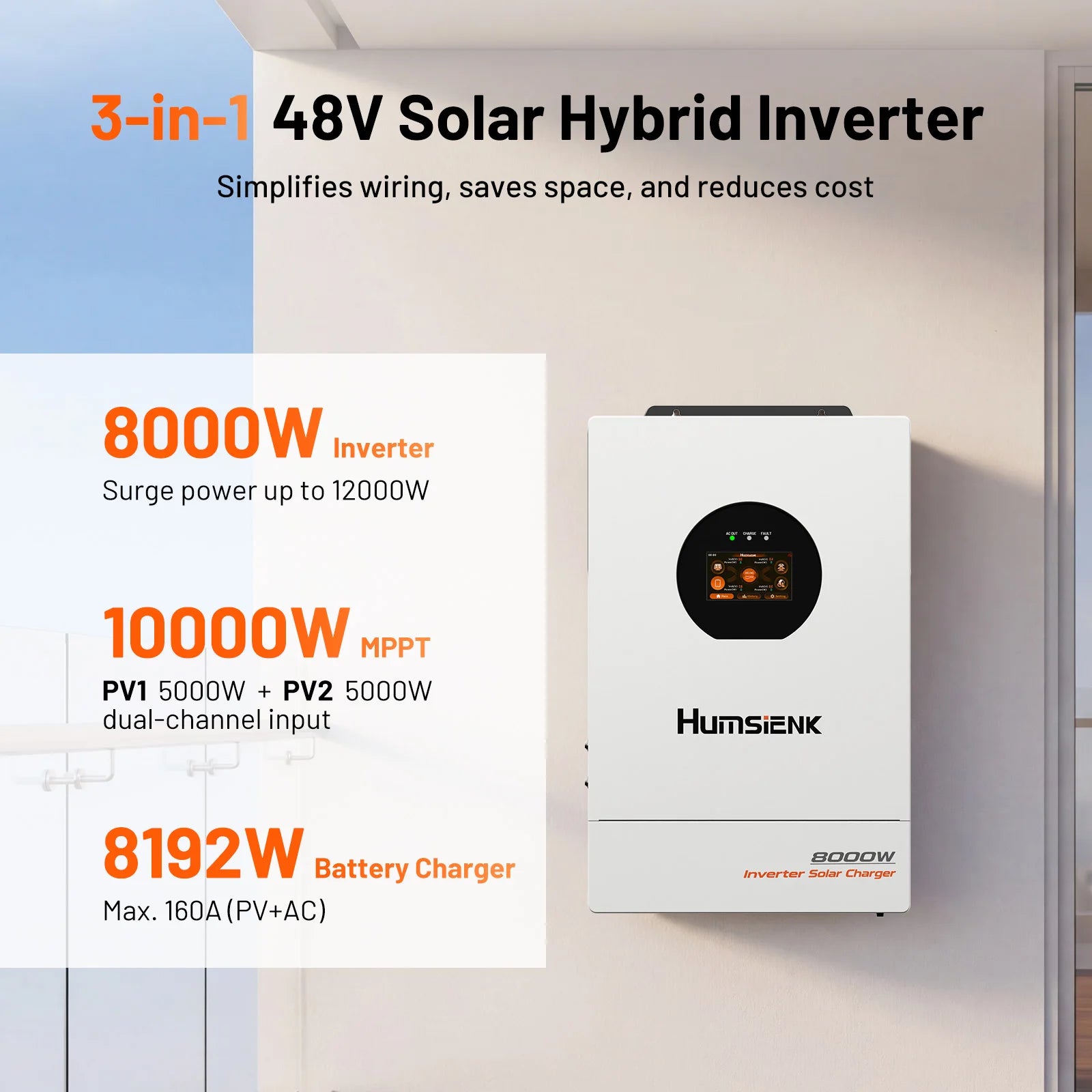48V 8KW 3-in-1 Solar Hybrid Inverter with Dual MPPT, 120V/240V Split or Single Phase