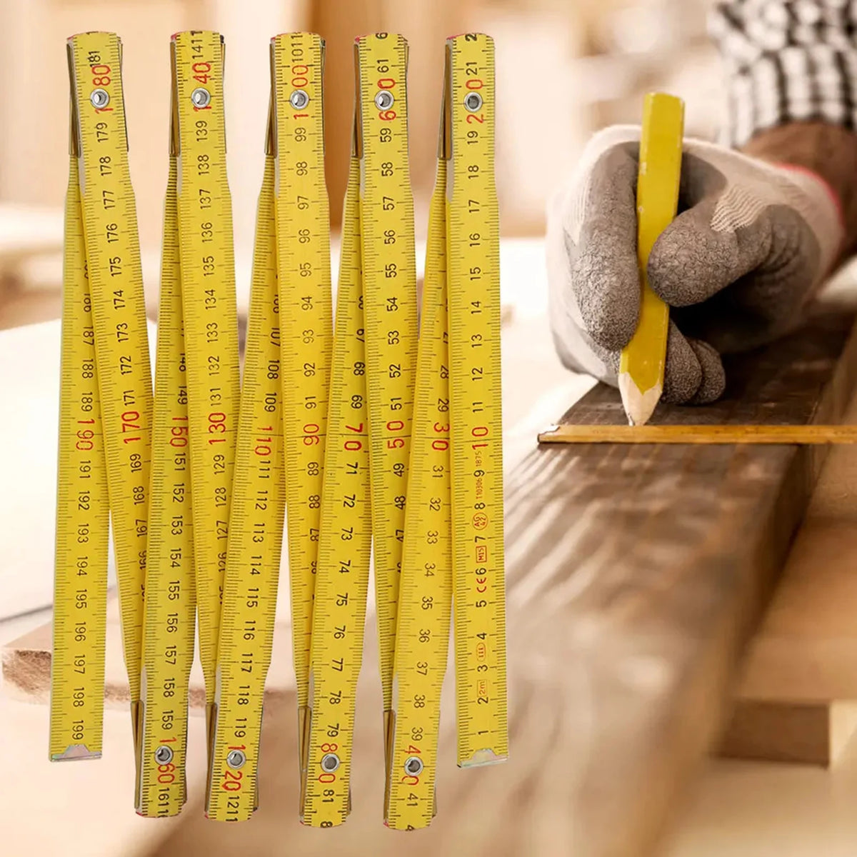 Wooden Carpenter Folding Ruler, 2 m, Double-Sided Metric Scale