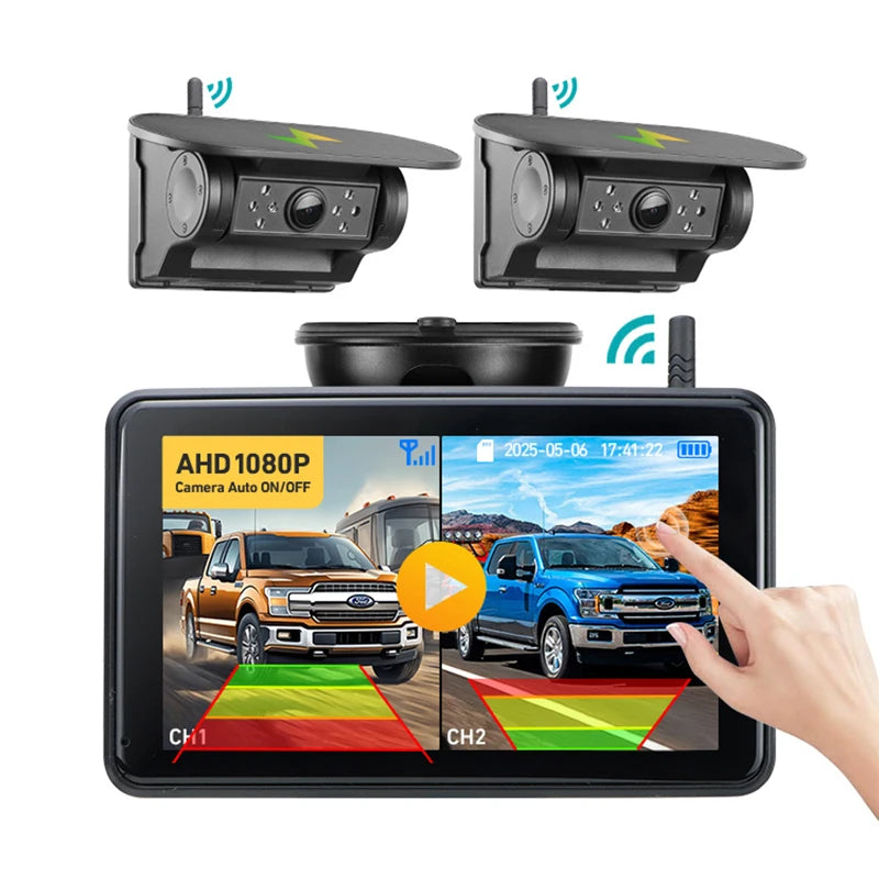 7'' Magnetic Solar Charging Wireless DVR Camera with 1080P Touch Monitor BSD Blind Spot Alarm, for Truck/RV/Trailer/Forklift