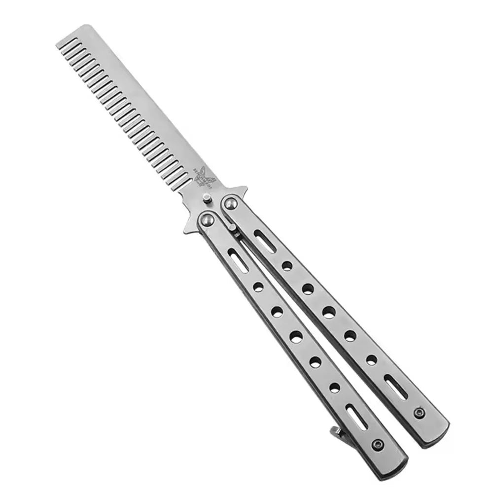 Foldable Comb Stainless Steel Practice Training Butterfly Knife Comb Beard Moustache Brushe Salon Hairdressing Styling Tool