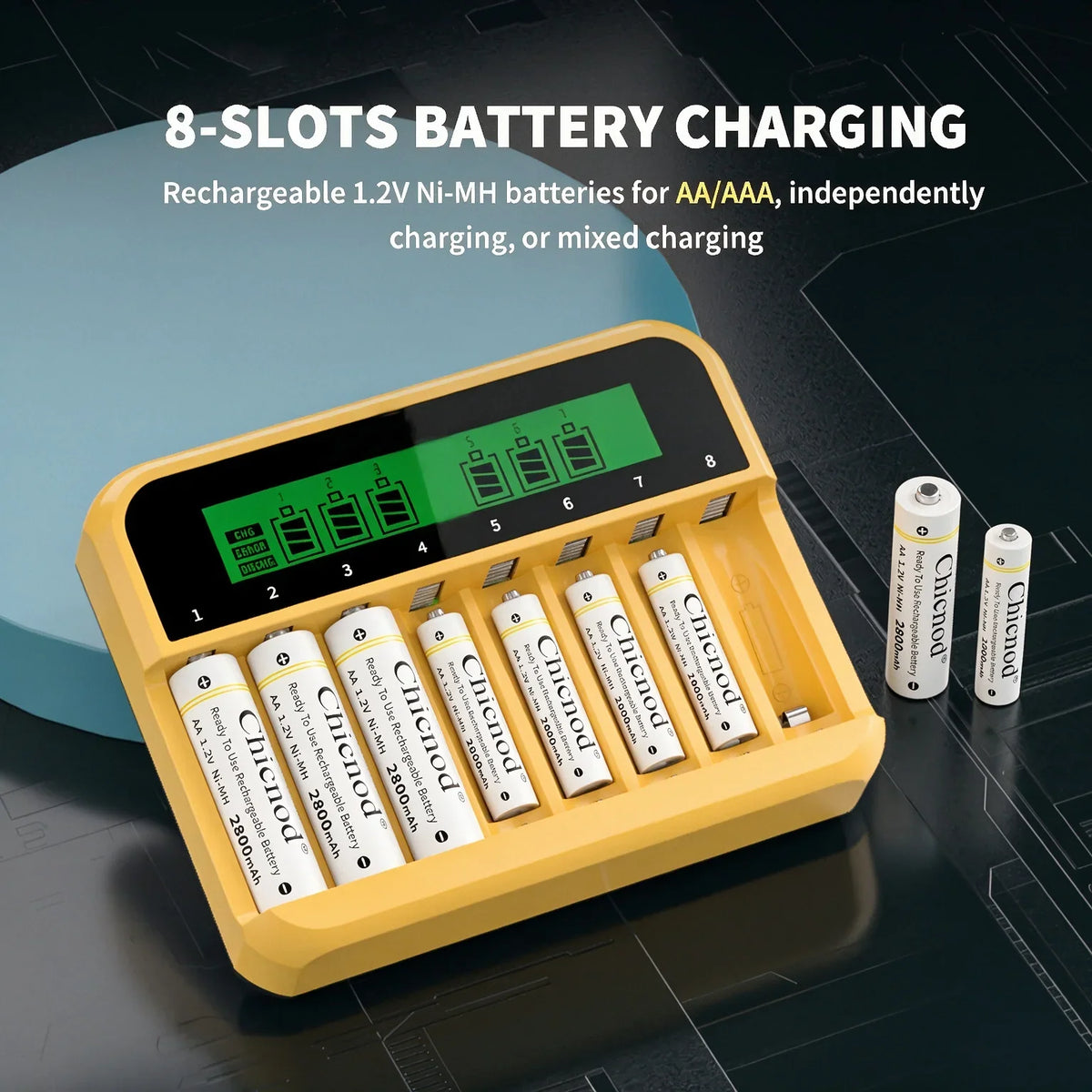 Chargeur Ni-MH LCD023 à huit emplacements pour piles AA et AAA