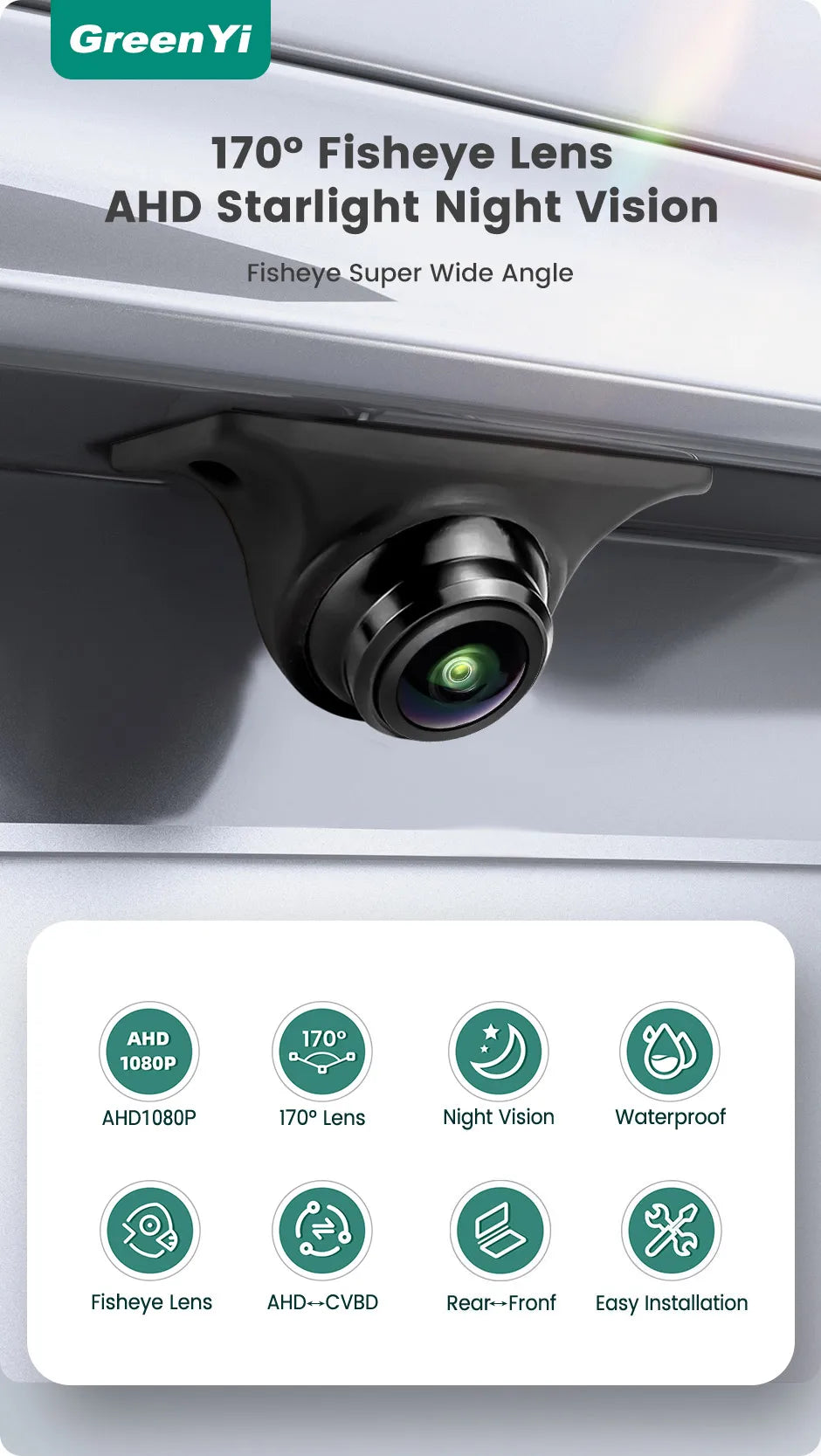 GreenYi Câmera Traseira para Carro AHD 1920x1080P Full HD Visão Noturna Lente Olho de Peixe 170° Câmera Frontal para Reversão de Veículo C879