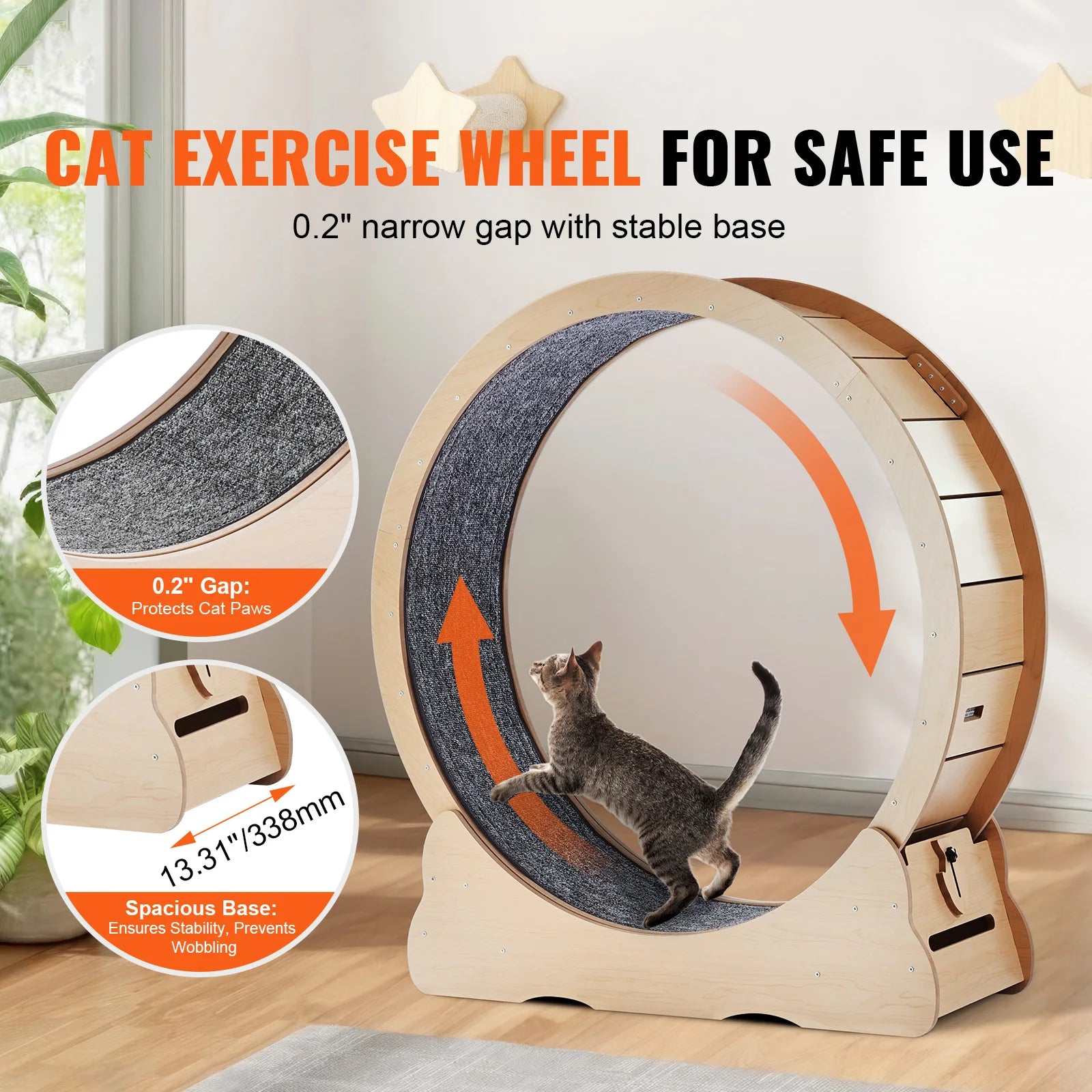 Wooden Cat Exercise Wheel with Detachable Carpet and Cat Teaser