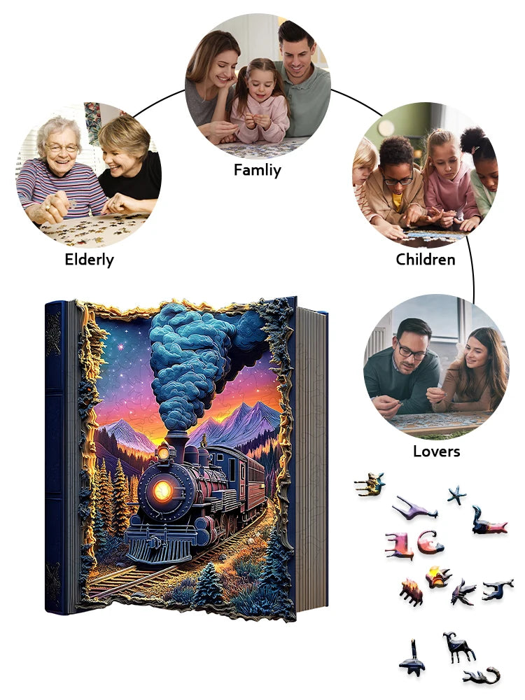 Fából készült vasút mozaik puzzle alakított darabokkal