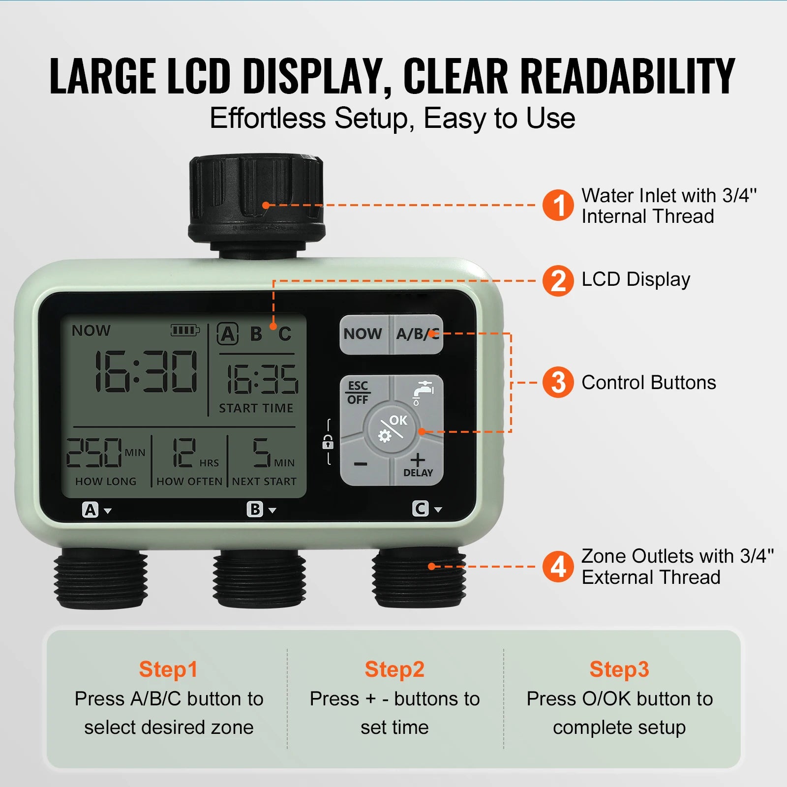3-Zone Hose Water Timer with LCD, Rain Delay & Manual Mode