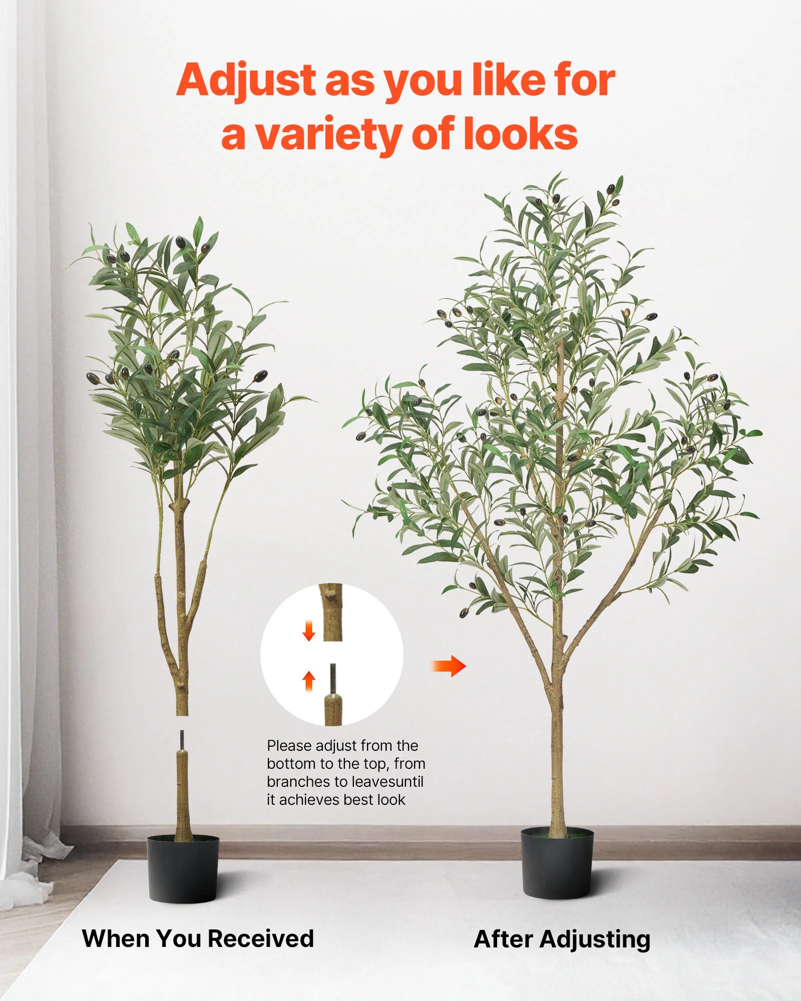 Árvore Artificial SucceBuy com Vaso Preto, Árvore Falsa Alta com Tronco de Madeira Natural, Planta Falsa para Interior, Decoração de Canto para Casa e Escritório