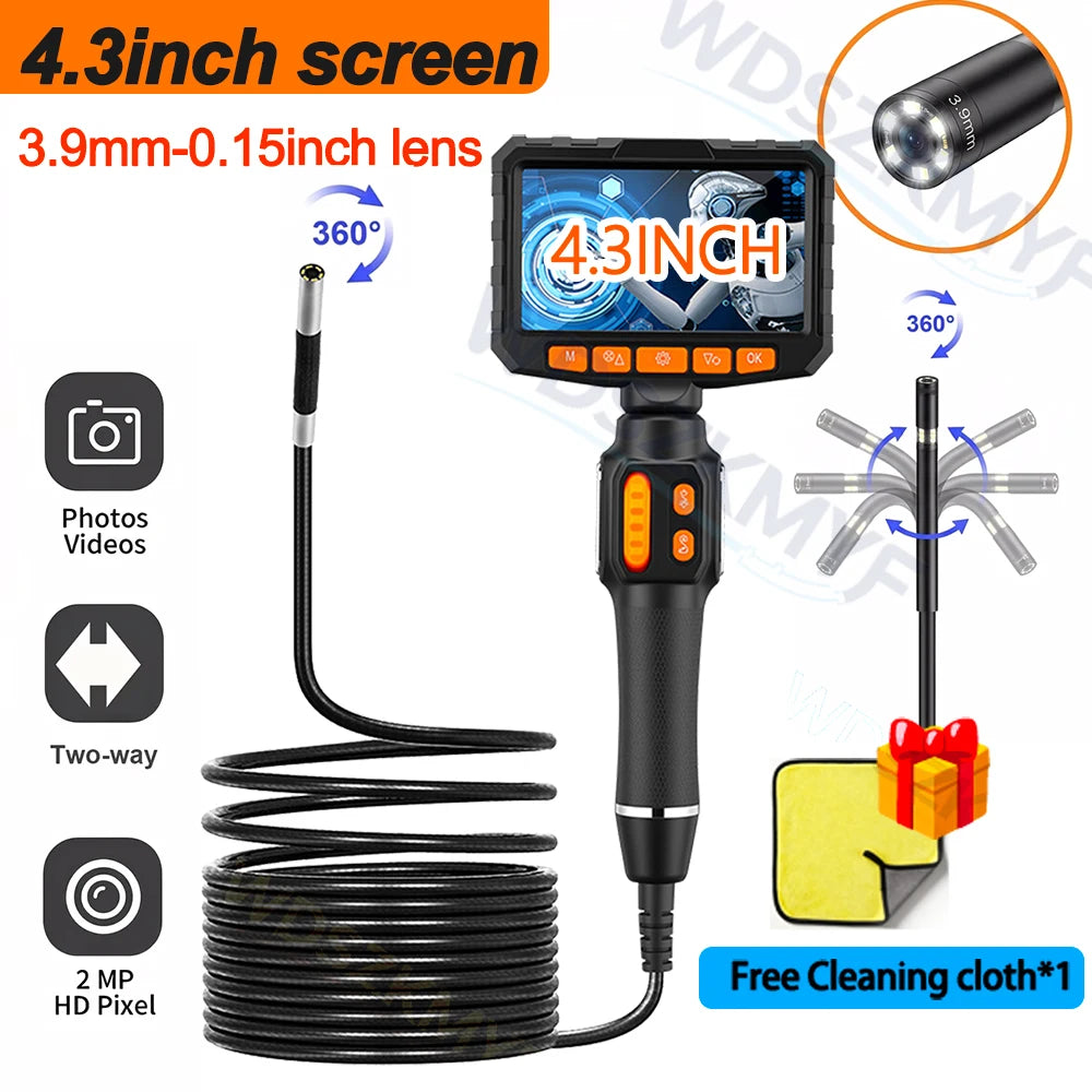 3.9mm 6mm Articulating Borescope with 4.3/5 Inch Screen 1080P HD LED Lights
