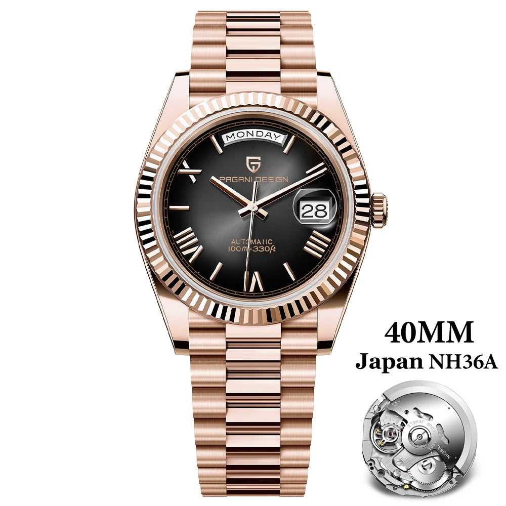 Orologio Meccanico Automatico Uomo Oro Rosa NH36A Zaffiro 10Bar