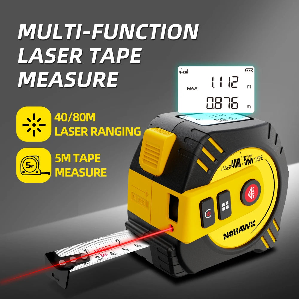Mètre ruban laser Nohawk 40 m/80 m, télémètre laser, mètre ruban numérique, outil de mesure, mètre ruban en acier, rechargeable par USB