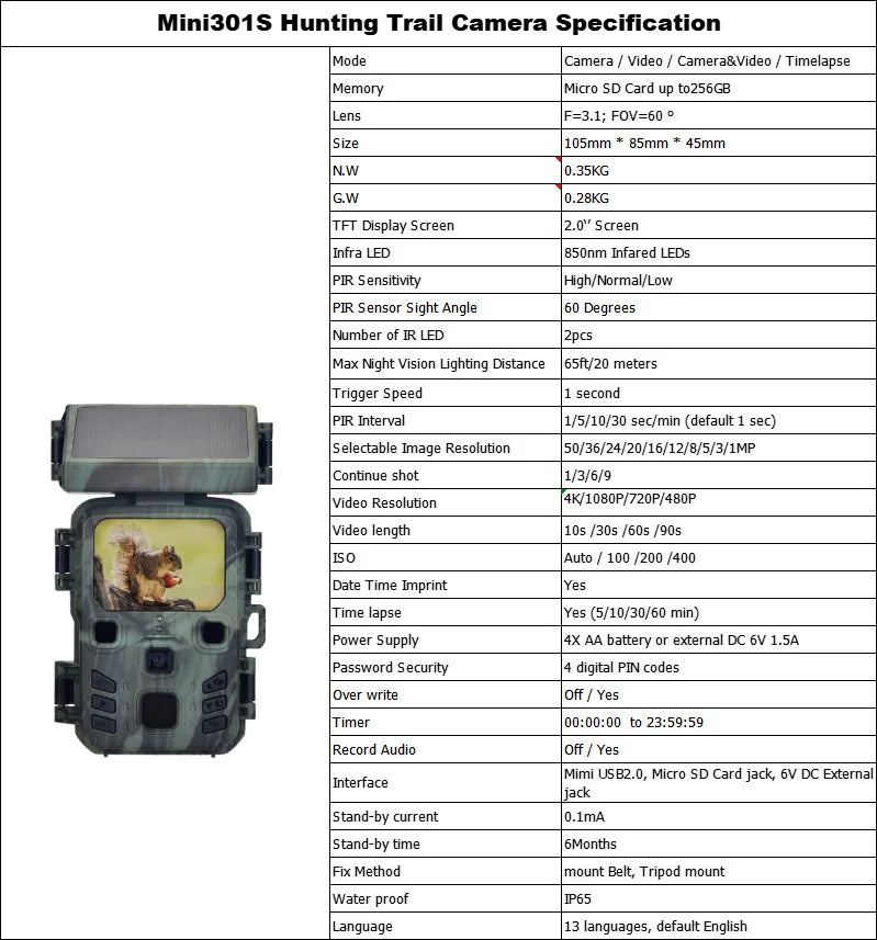 4K Wireless Trail Camera 50MP Night Vision Mini301S for Hunting Outdoor Wildlife Scouting Surveillance Photo Traps