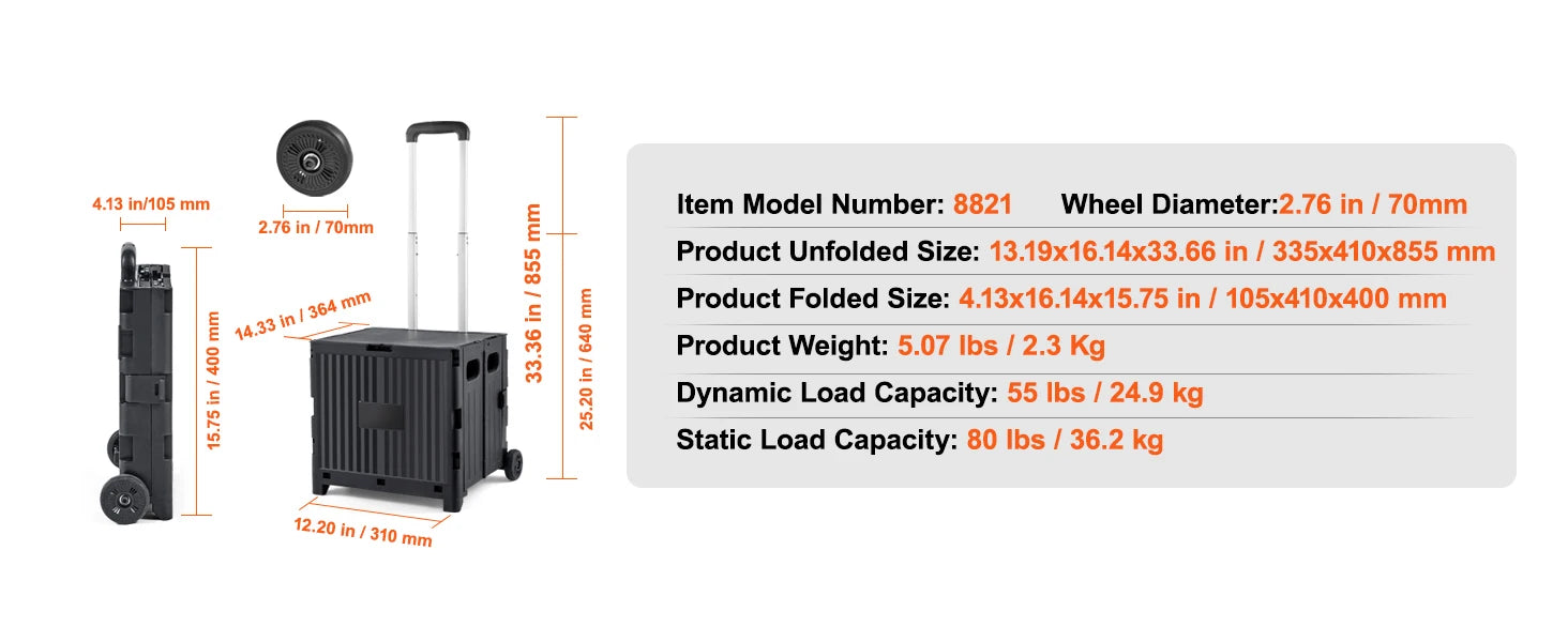 Foldable Utility Shopping Cart with Wheels & Telescopic Handle