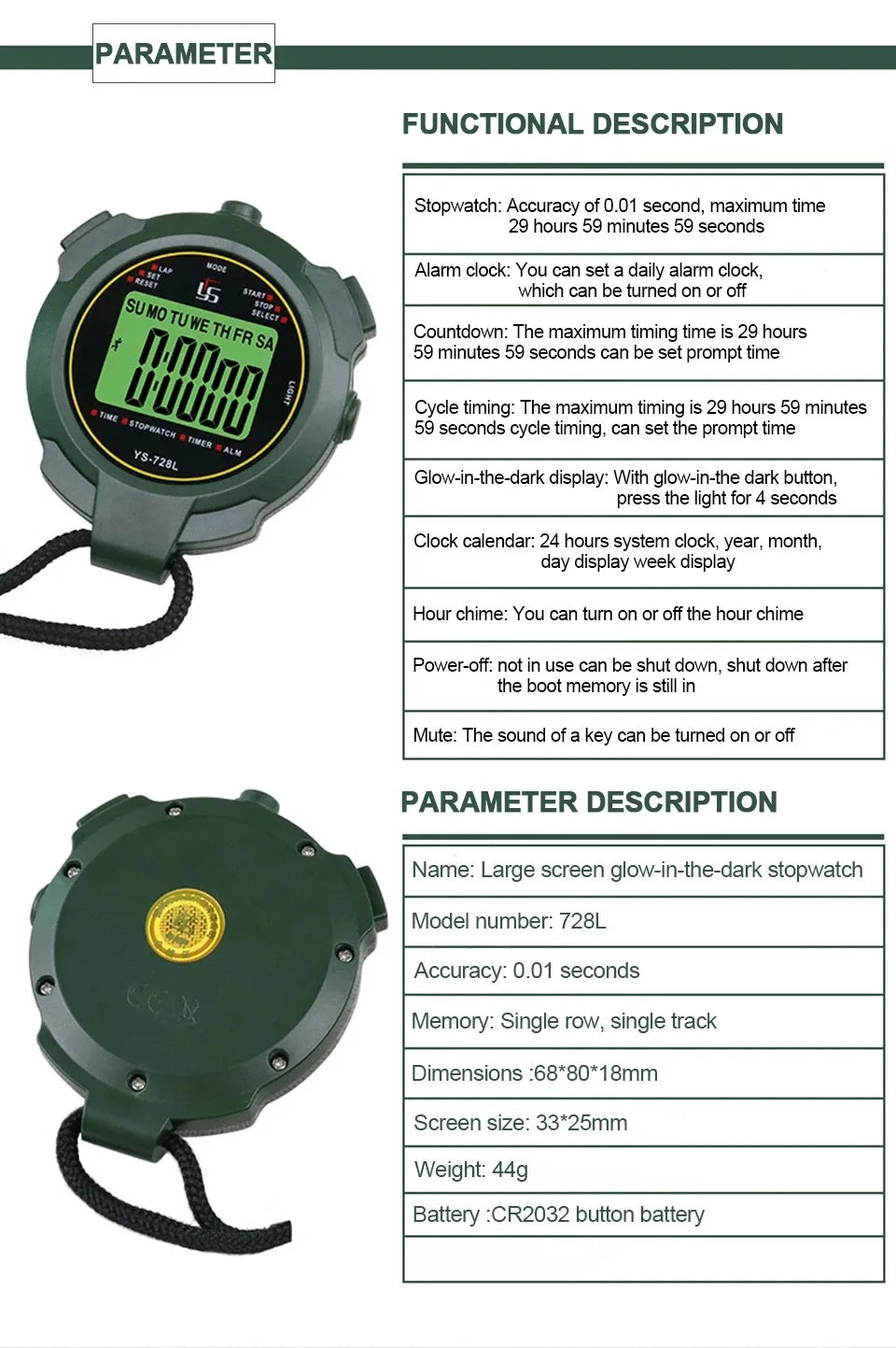 YS-728L Digital Stopwatch with Countdown and Backlight