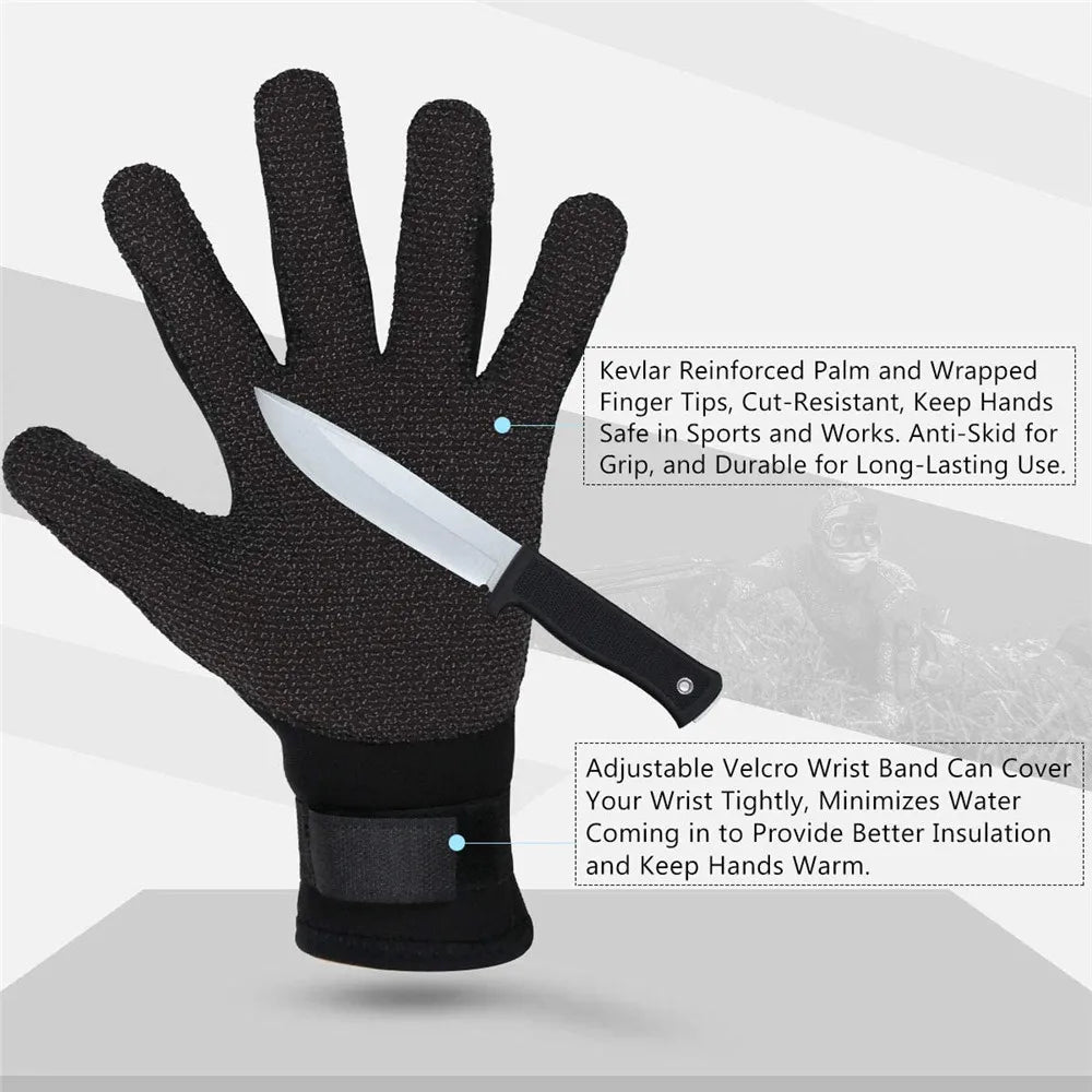 3 mm Neoprene Diving Gloves with Kevlar and Rubber Palm Grip