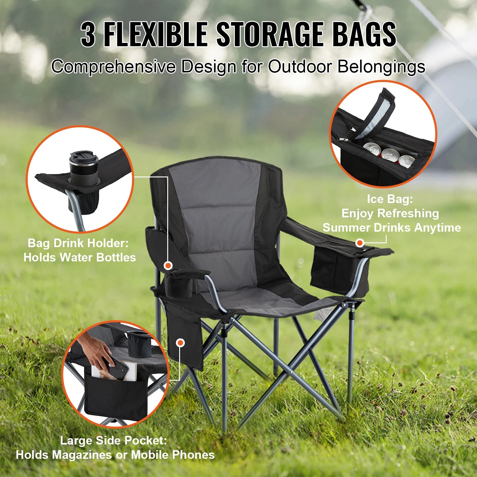 Folding Camping Chair with Lumbar Support and Storage Pockets