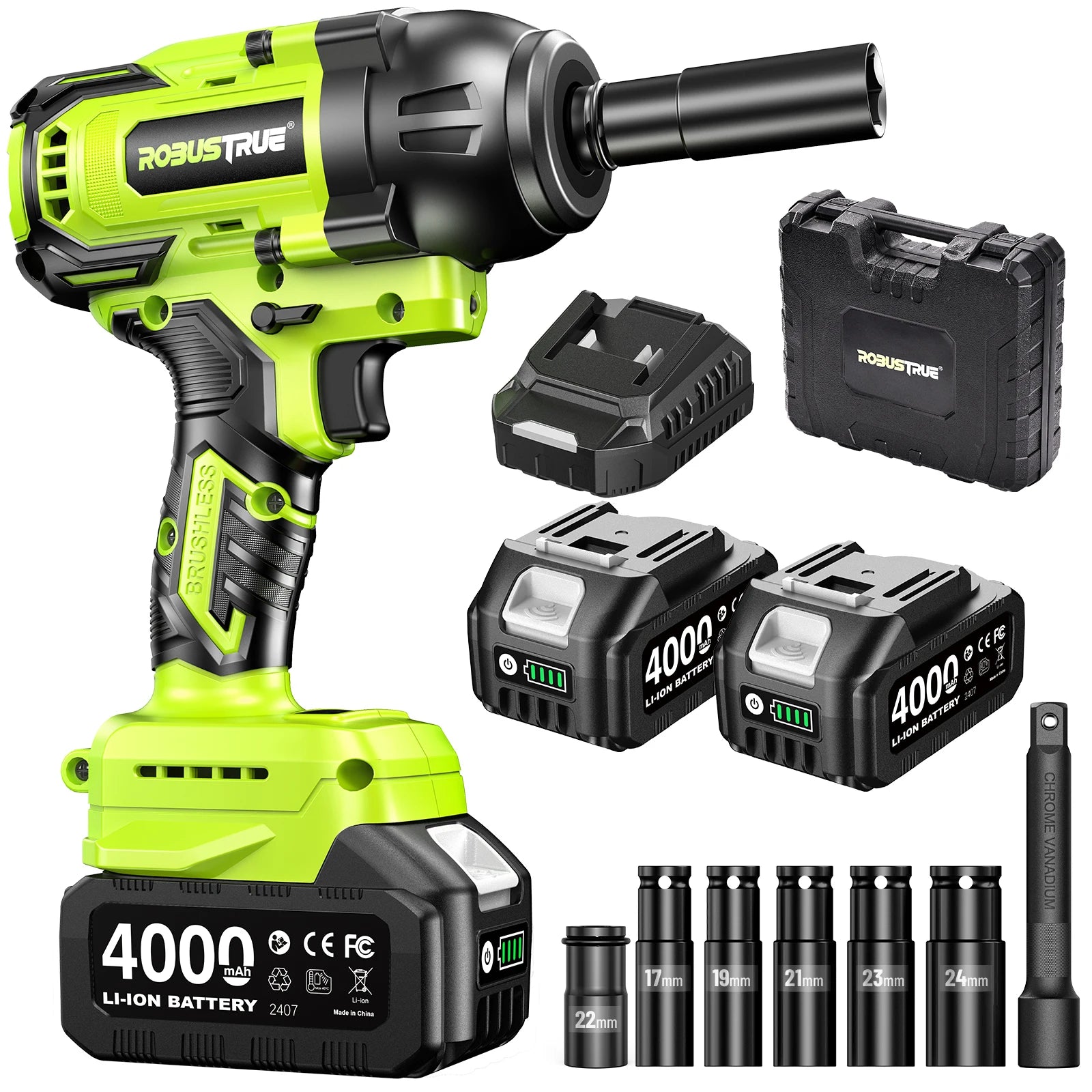 1200Nm 1/2 Inch Cordless Impact Wrench with 2 x 4.0Ah Batteries
