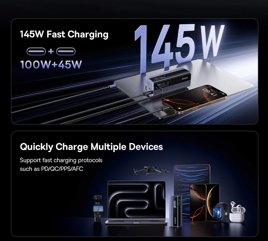 145W Fast Charging Power Bank 20000mAh with Retractable USB-C Cable