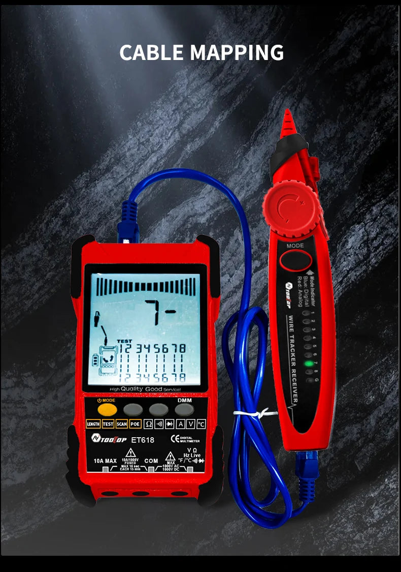 TOOLTOP Network Cable Tester Multimeter Lan Cable Tracking POE Test 400M/600M Length Measure Sensitivity Adjustable Line Tracker