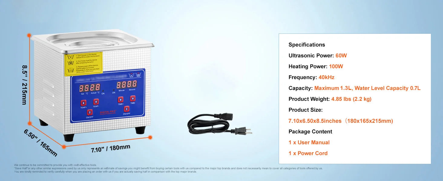 1.3L Ultrasonic Cleaner with Digital Timer for Jewelry & Glasses