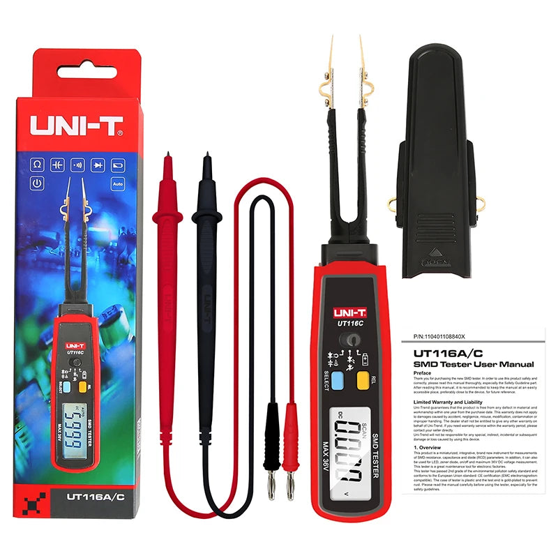 UNI-T UT116C UT116A SMD Tester Meter Rotable Tweezer Resistance Capacitance LED Diode Continuity Battery Tester