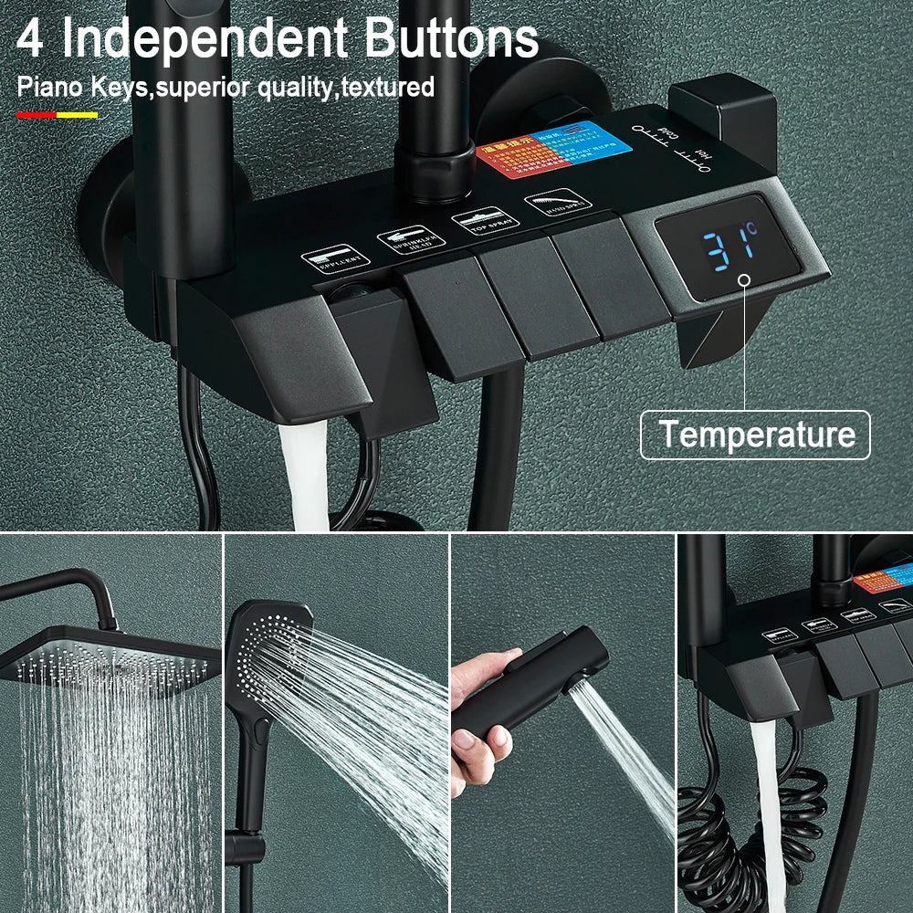 Black Digital Shower Set with Rainfall Head and Hand Shower