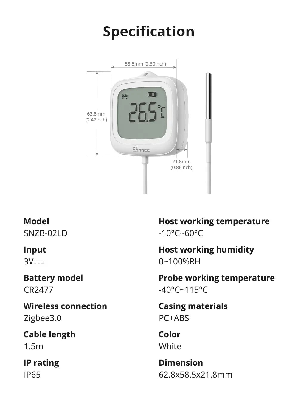 SNZB-02LD Zigbee Probe Thermometer with LCD