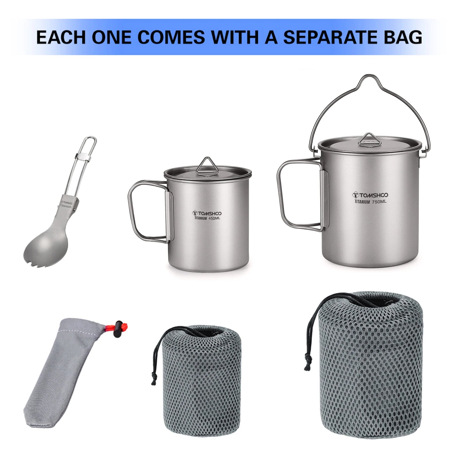 3-Piece Titanium Cookware Set with 750ml Pot, 450ml Cup, Folding Spork