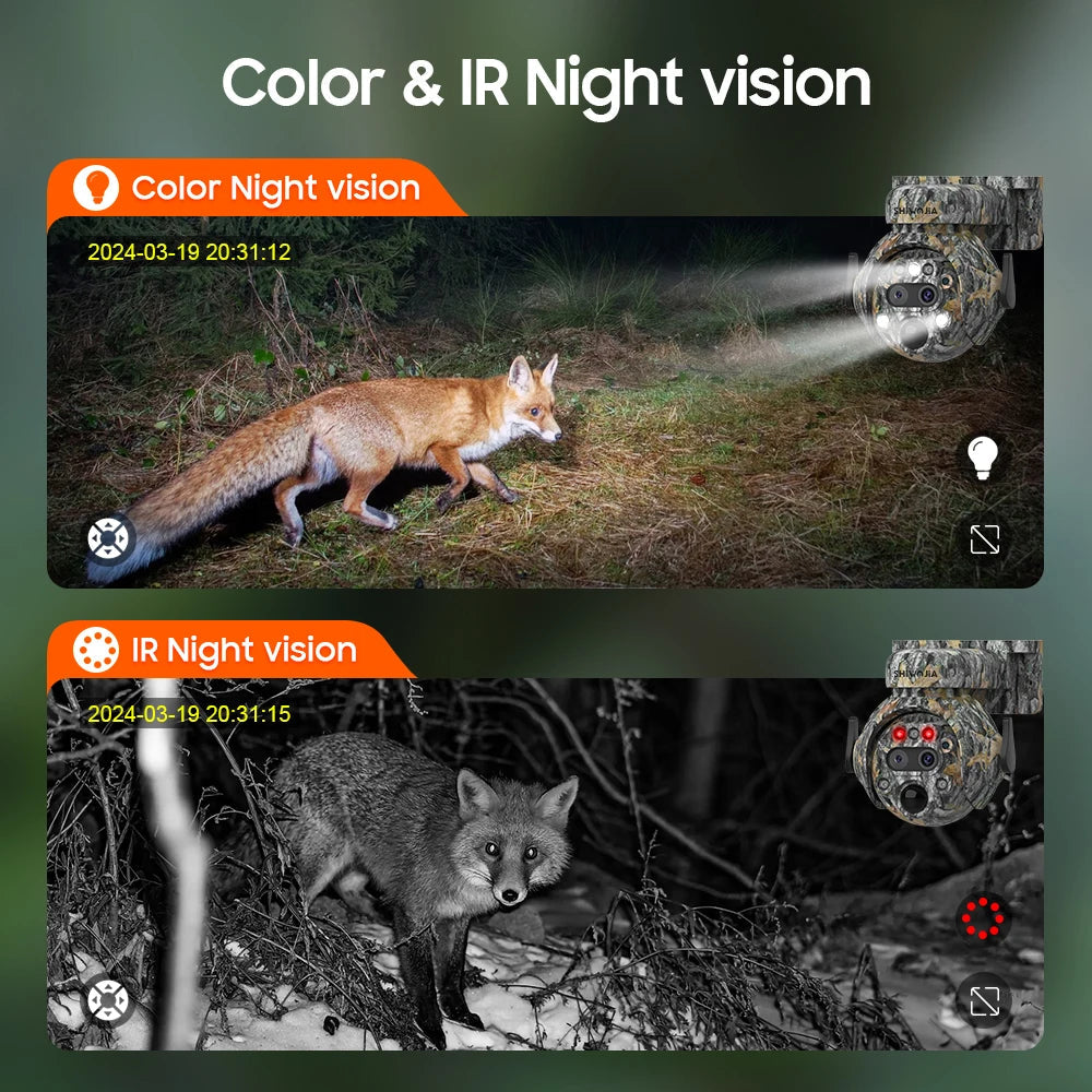SHIWOJIA 12X ZOOM 4K 8MP Solar Camera Dual lens 4G 360° View Camouflage Color Outdoor Hunting Camera 7800mAh Battery Ubox app