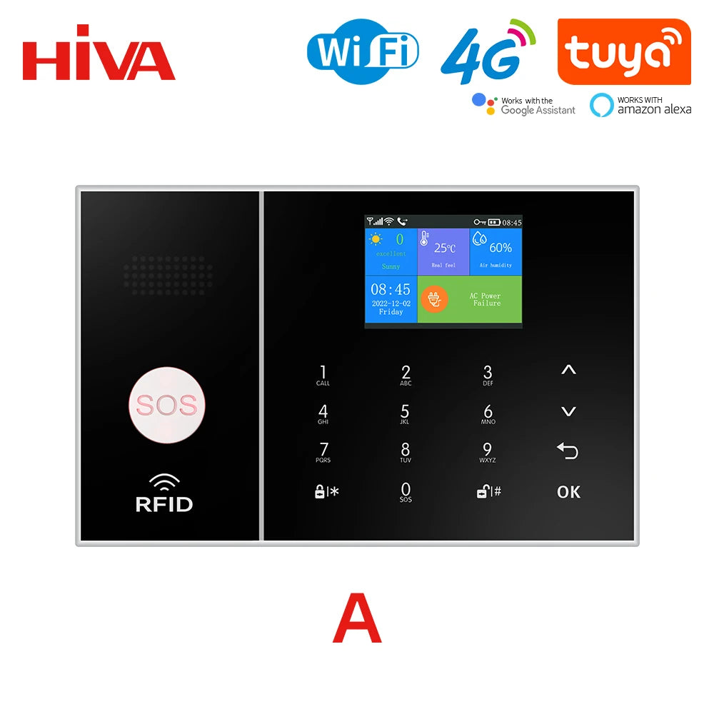 HIVA 4G Security Alarm System For Home WiFi Tuya Smart Life App Control Burglar Alarm Kit Work With Alexa With Pir Door Sensor