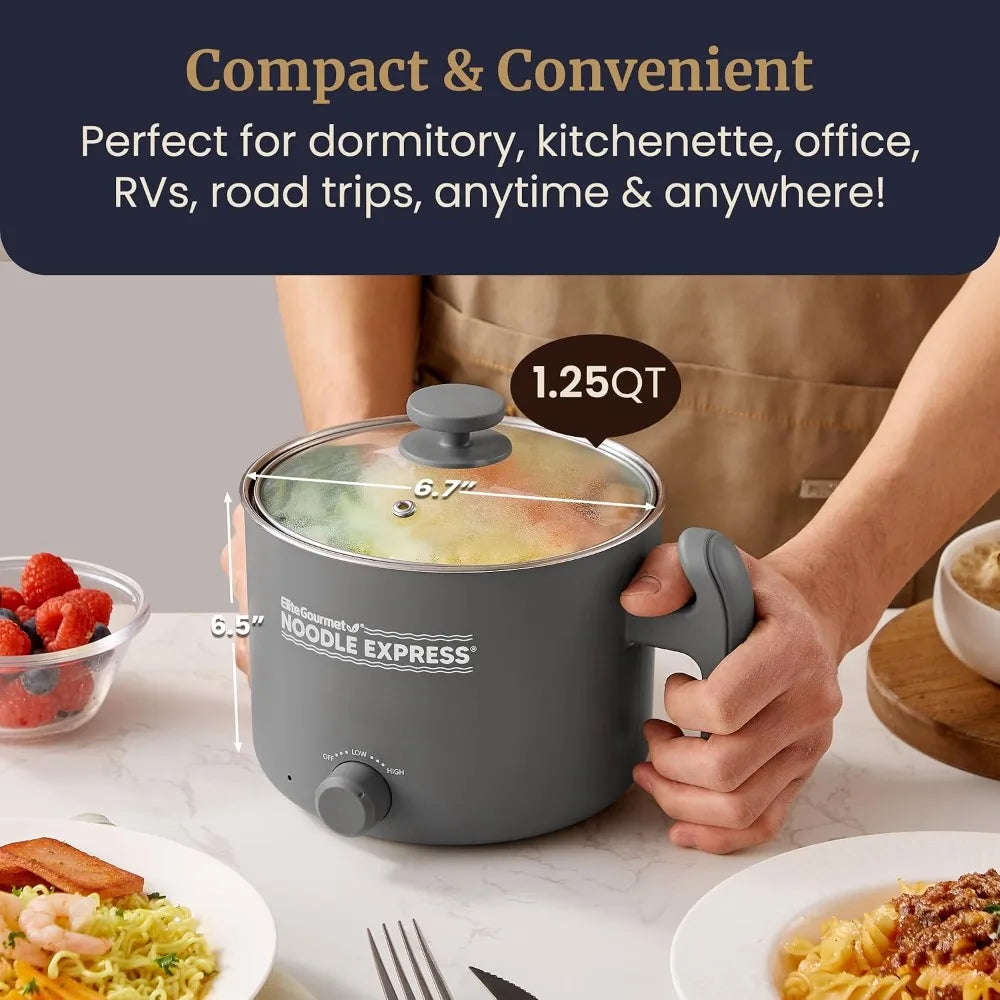 Hot Pot, Prepare Ramen, Rice, Soups, Stews, Boil Water, Stainless-Steel Interior, Glass Lid, High/Low/Off Settings, Grey