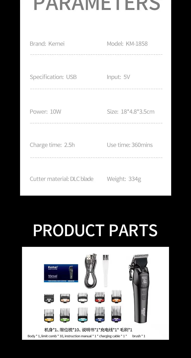 Kemei KM-1858 9000RPM 10W Hair Clipper,KM-264 Rechargeable Electric Trimmer,Original KM-T95 Shaver For Men Barber Clippers Kit