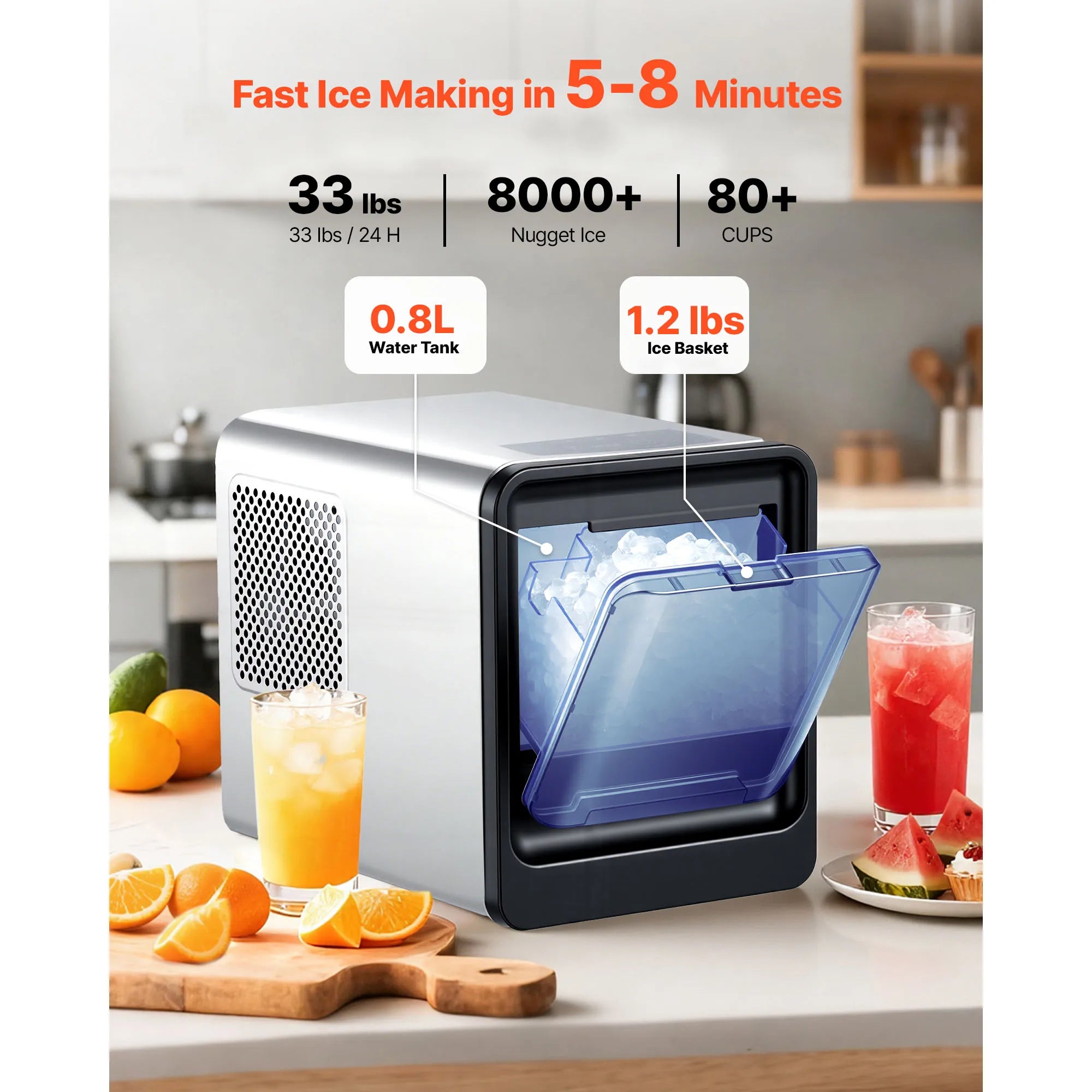 Countertop Nugget Ice Maker 33–44 lbs/Day with Self-Cleaning