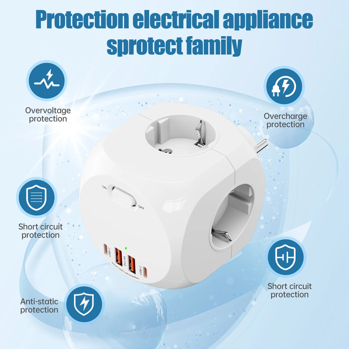 EU Plug Multi-Functional Wall Socket 4AC+4USB Smart Fast Charging with Multiple Safety Protections, Suitable for Family Travel