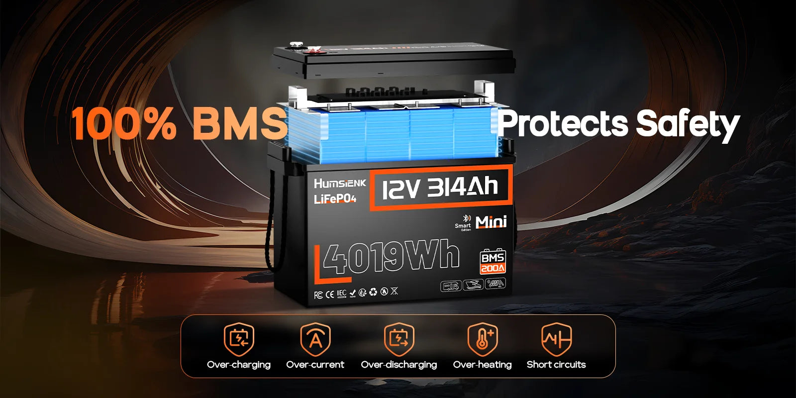 12V 314Ah LiFePO4-batteri med 200A BMS til campingvogn, marine og solenergi