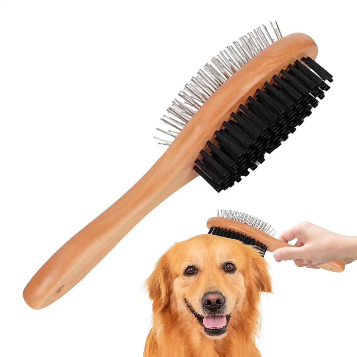 Double-Sided Pet Grooming Brush with Wooden Handle