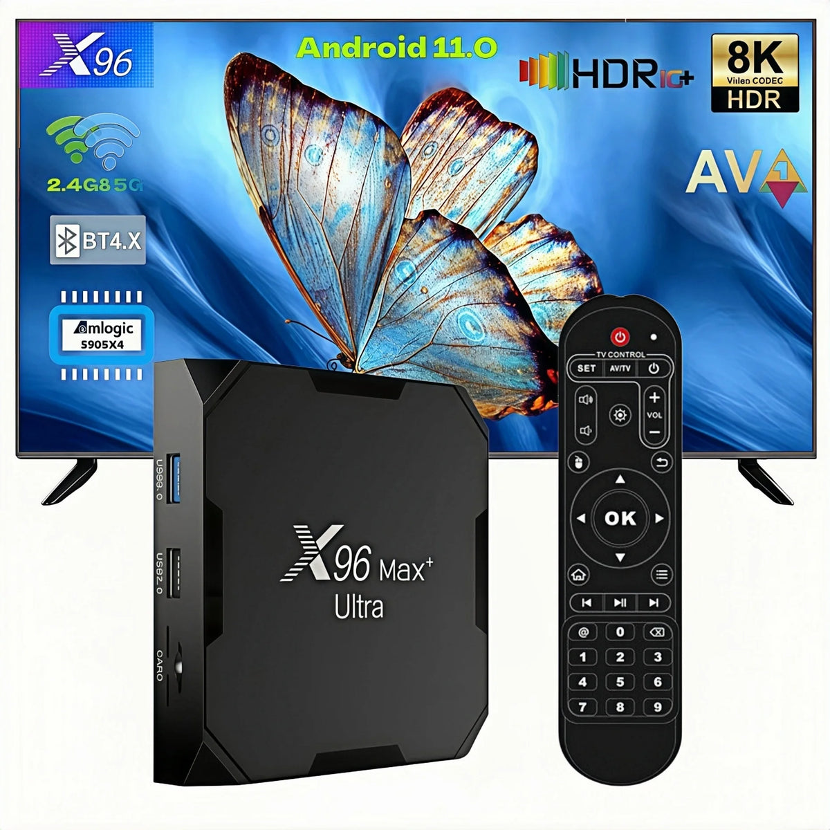 X96 Max+Ultra Android 11 TV Box Amlogic S905X4 4GB RAM 64GB ROM AV1 Decryption 4K 8K HDR Kaksois WiFi BT4.0 USB3.0 Smart Set Top Box Media Player IPTV Receiver kotiteatteri äly TV Box