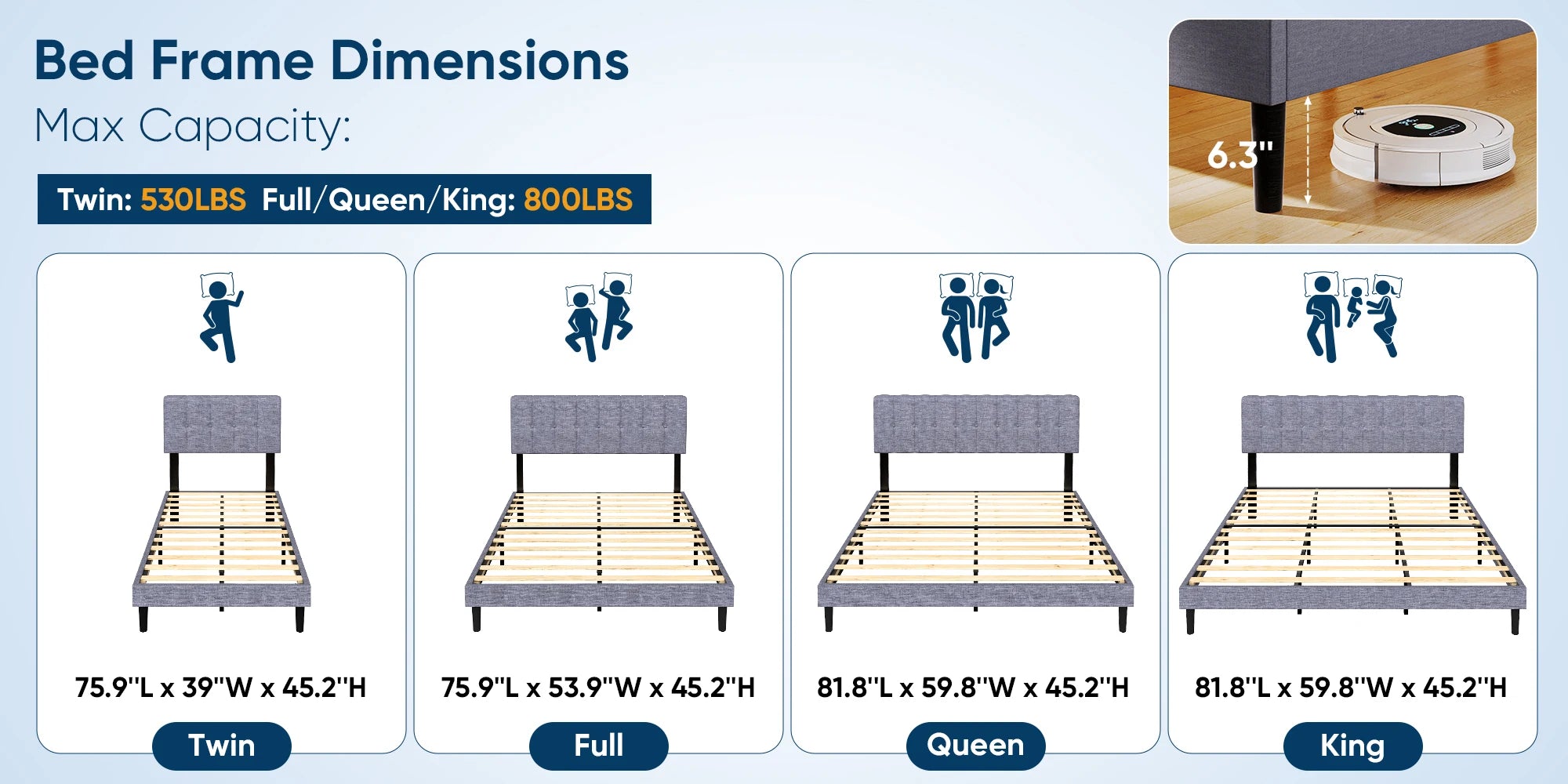 Wooden Upholstered Bed Frame with Adjustable Headboard, No Box Spring